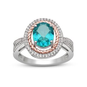 Jewelili Rose Gold Over Sterling Silver 9x7 MM Oval Cut Paraiba Topaz and Round Created White Sapphire Halo Engagement Ring, Size 7