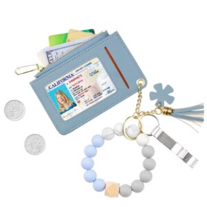 DOMUUH Wristlet Bracelet Keychain Wallet, Pocket Credit Card Holder Purse Tassel Key Chain Bangle Key Ring for Women (Blue)