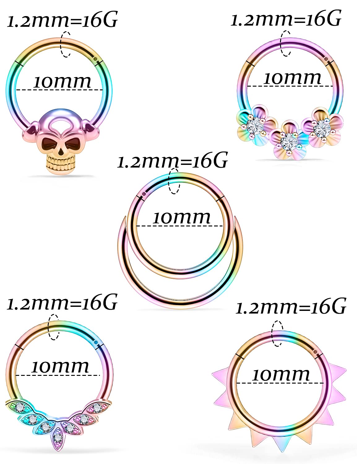 Vsnnsns 16G Septum Rings Piercing Jewelry Skull Septum Jewelry CZ Clicker Ring Stainless Steel flower Septum Hinged Segment Nose Rings Hoop Piercing Jewelry for Men Women 10mm 5pcs Rainbow