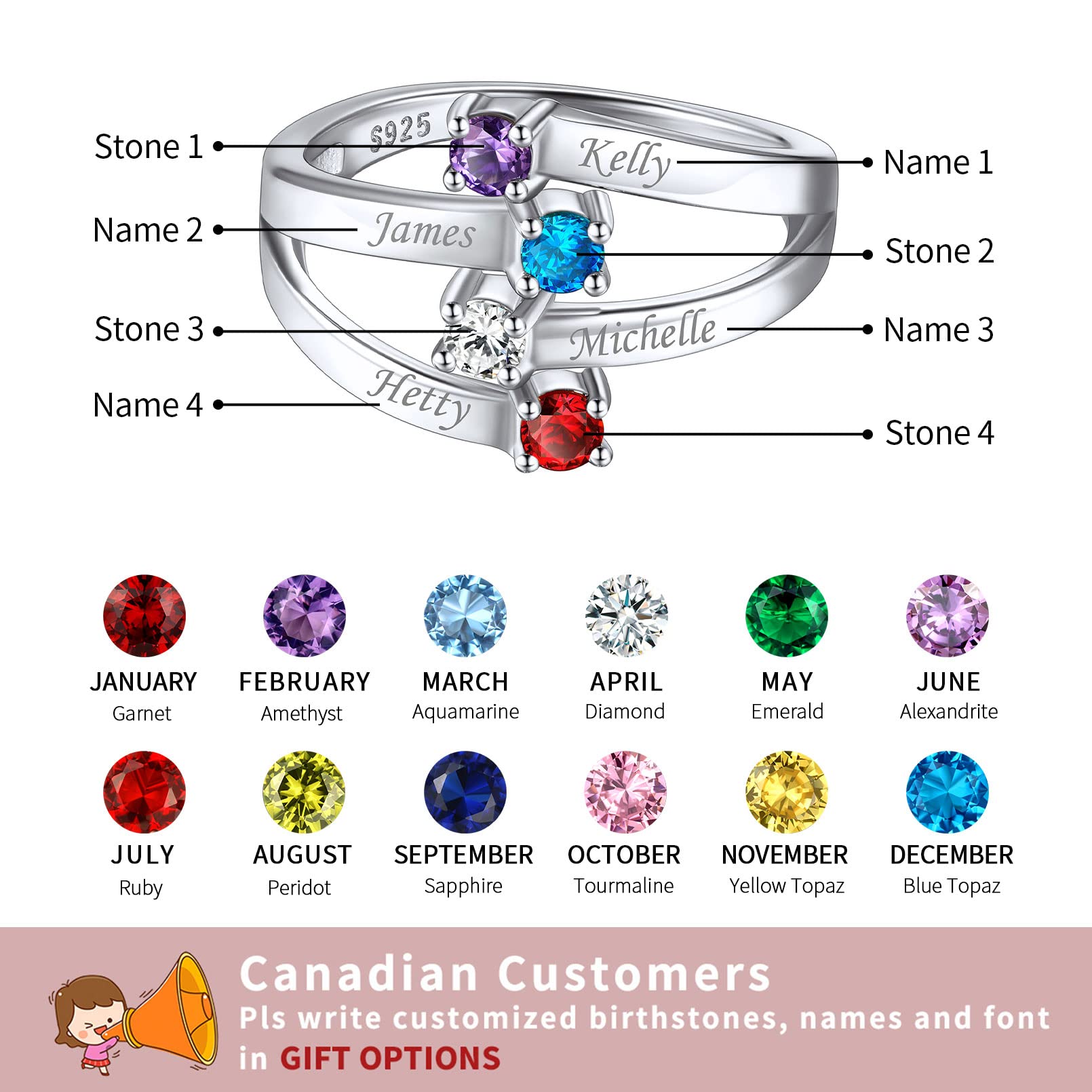 ChicSilver 925 Sterling Silver Simulated Birthstone Promise Rings for Women Personalized Mothers Rings with 4 Birthstones 4 Names Grandma Mom for Her Custom Name Engraved Ring