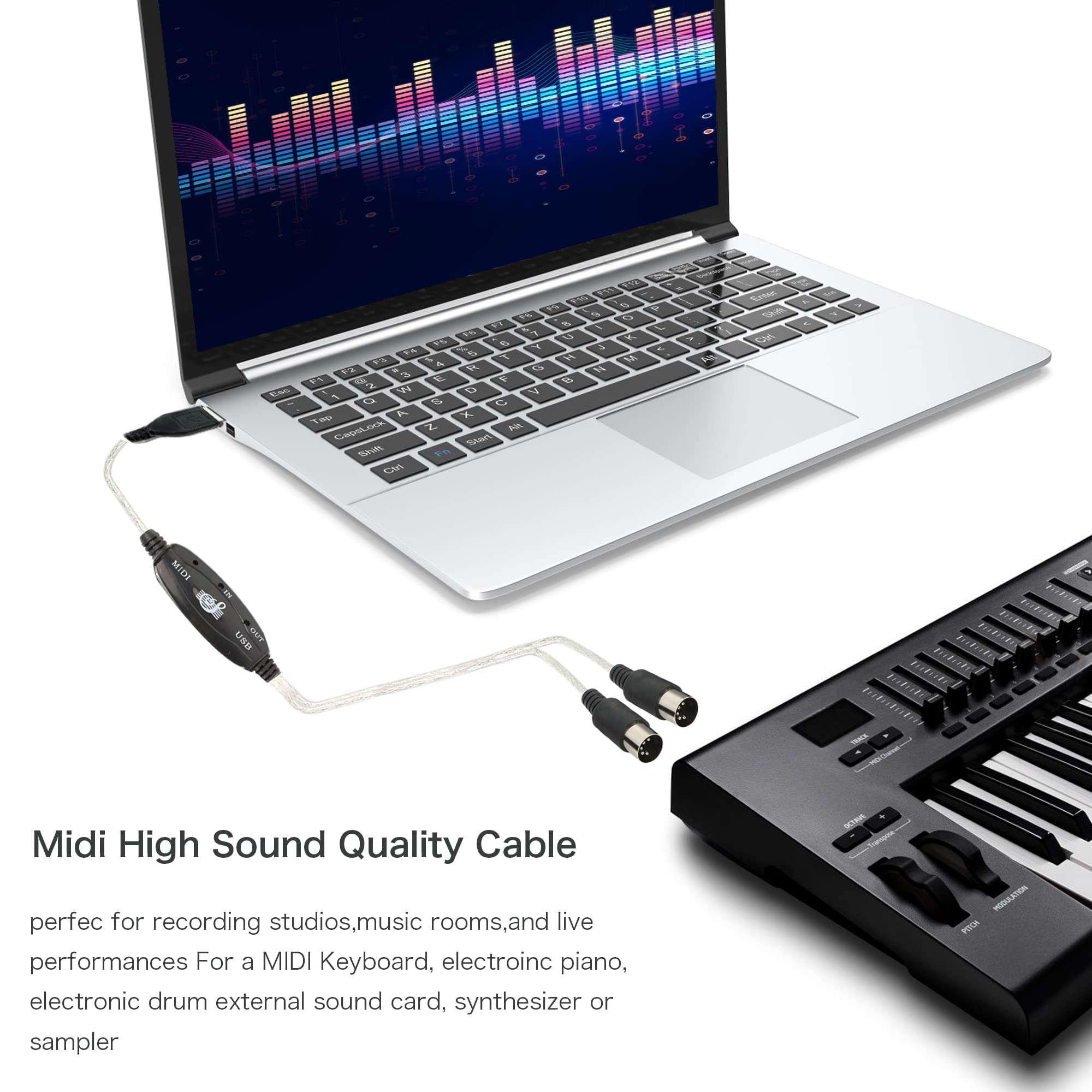 QIANRENON 5 Pin MIDI Music Editing Cable 1 in 1 Out MIDI to USB Adapter Cable for Piano Keyboard to PC/Mac/Laptop Silver 2m