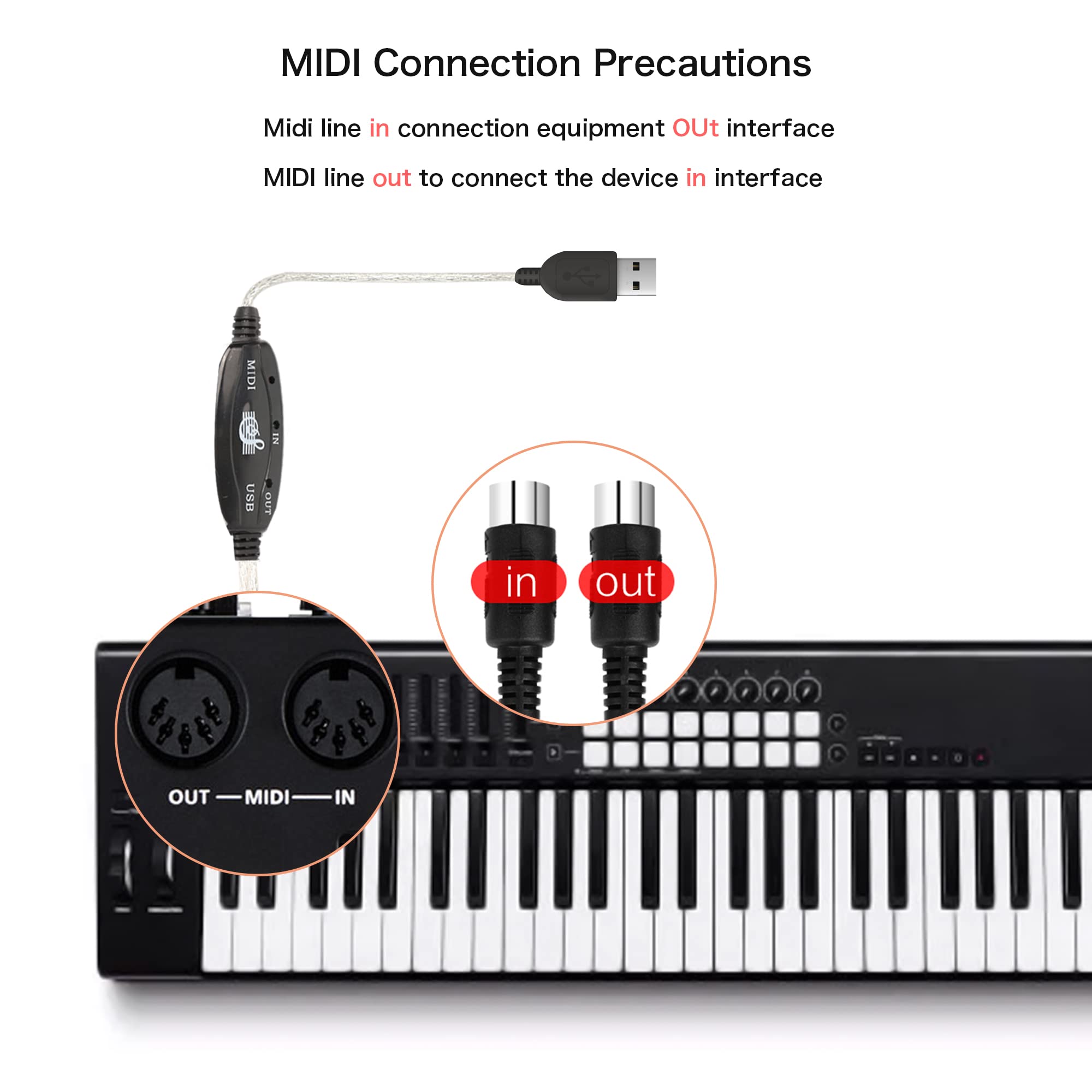 QIANRENON 5 Pin MIDI Music Editing Cable 1 in 1 Out MIDI to USB Adapter Cable for Piano Keyboard to PC/Mac/Laptop Silver 2m