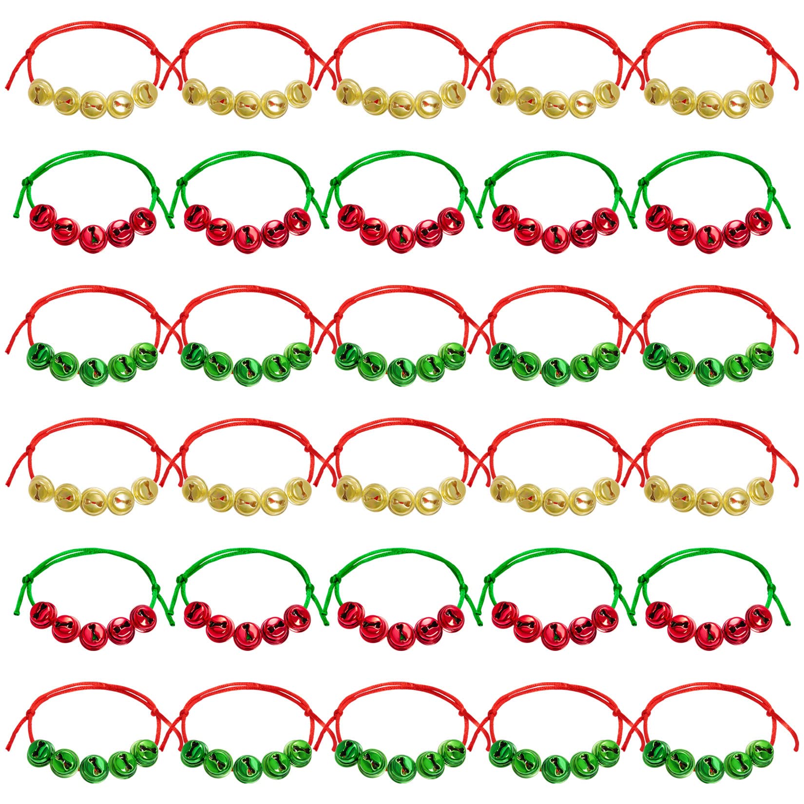 mifengda 30 Pieces Christmas Jingle Bell Bracelets Adjustable Jingle Bell Wrist Band Green Red and Gold Metal Bells Bracelets for Christmas Party Gift