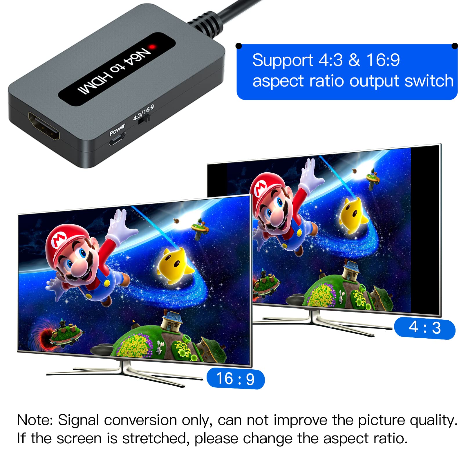 TIXILINBI N64 to HDMI Converter, Support 4 : 3 and 16 : 9 Aspect Ratio Output Switch, Nintendo64 to HDMI Cable Compatible with Nintendo N64/ Super SNES/NGC