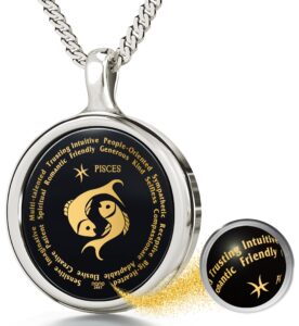 925 sterling silver pisces necklace zodiac pendant star sign birthdays 19th february to 20th march jewelry inscribed in 24k gold on black onyx gemstone, 18" rolo chain