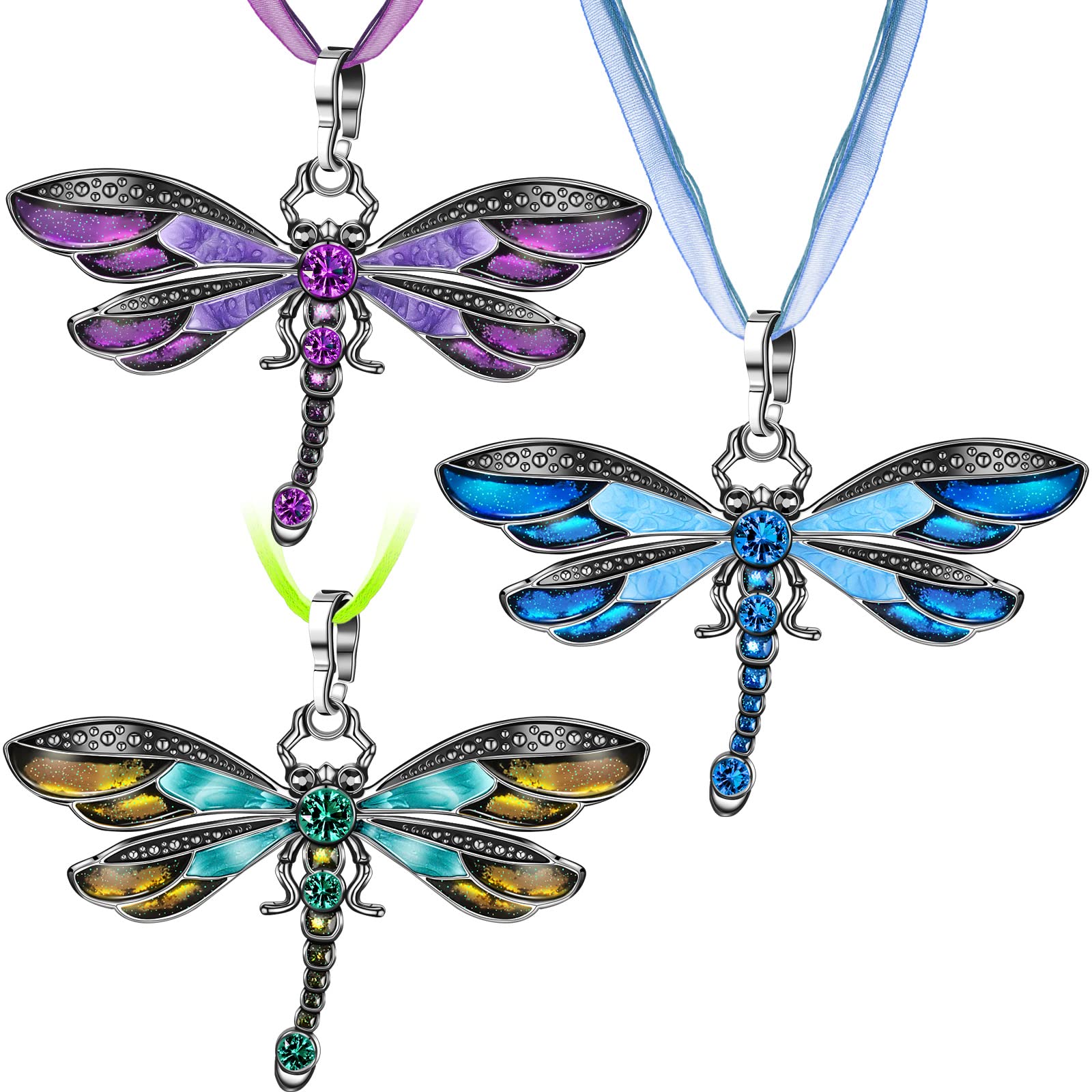 MTLEE Dragonfly Necklace 3 Pieces Bohemian Dragonfly Jewelry for Women Dragonfly Charm Pendant Colorful Enamel Vintage Ethnic Multilayer Chain(Purple, Blue, Green)