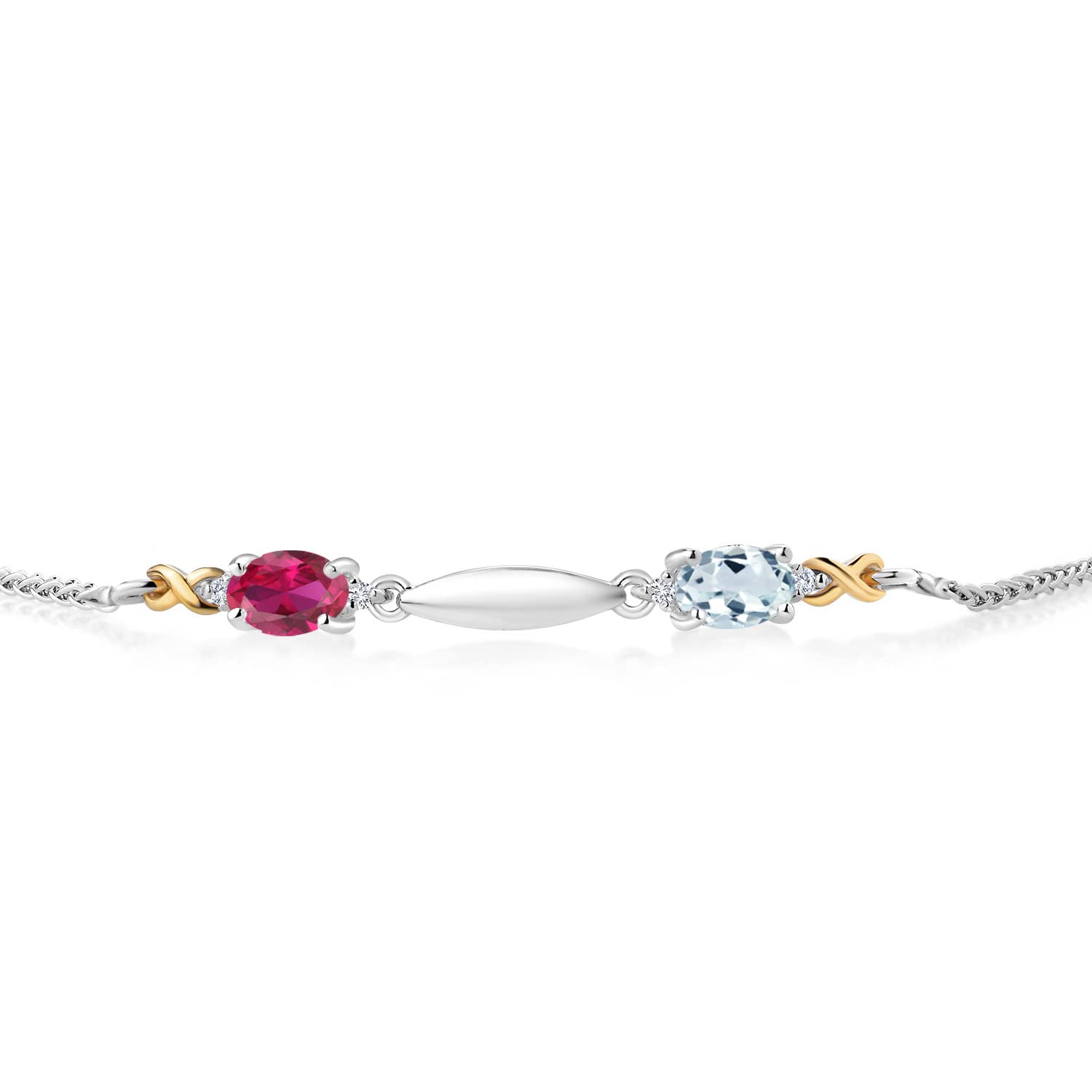 Gem Stone King 1.04 Ct Red Created Ruby Sky Blue Aquamarine 925 Silver and 10K Yellow Gold Lab Grown Diamond Bracelet For Women