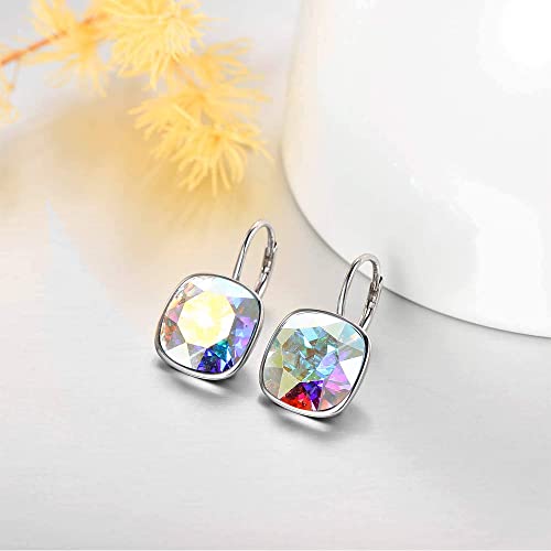 AOBOCO Sterling Silver Leverback Earrings Embellished with Crystals from Austria, Hypoallergenic Cushion Cut Square Crystal Earrings, Fine Anniversary Birthday Jewelry Gifts for Women (Aurore Boreale)