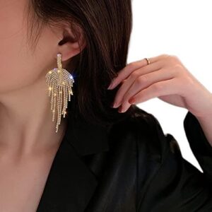 jwicos fashion gold full diamond chandelier tassel earrings for women and girls bohemian rhinestone fringe leaves chain tassel drop dangle earrings for wedding valentine's day (gold)