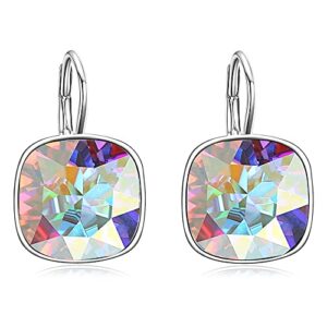 aoboco sterling silver leverback earrings embellished with crystals from austria, hypoallergenic cushion cut square crystal earrings, fine anniversary birthday jewelry gifts for women (aurore boreale)