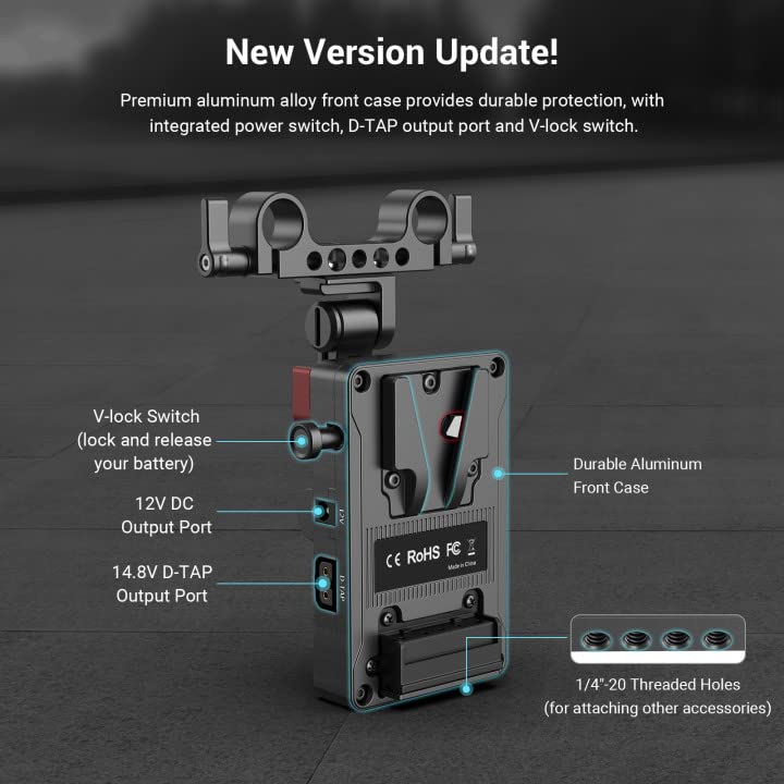 SmallRig V-Mount Battery Adapter Plate, V-Lock Battery Plate with Dual D-TAP and DC Ports, Adjustable Arm and 15 mm Rod Clamp, Compact V-Mount Battery Plate for Cameras, Monitors, Transmitter - 3499