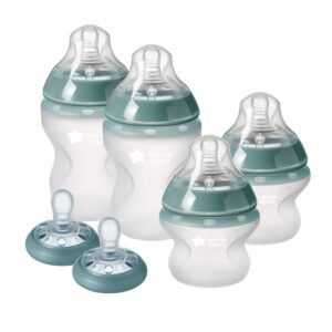 tommee tippee silicone baby bottle and pacifier set | closer to nature soft feel bottles, breast-like nipples, stain and odor resistant | 0-6m breast-like pacifiers