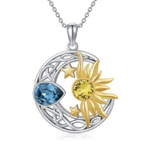 AOBOCO Moon Sun Star Necklace 925 Sterling Silver Celtic Crescent Moon and Sun Pendant Necklace for Women