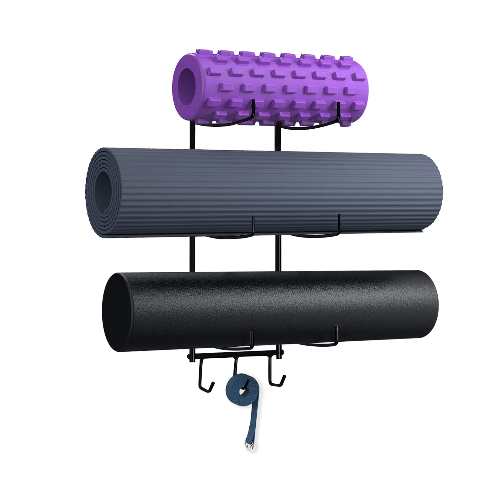 Wall Mount Yoga Mat Foam Roller and Towel Rack with 3 Hooks for Hanging Yoga Strap and Resistance Bands, 3-Sectional Metal (Black)