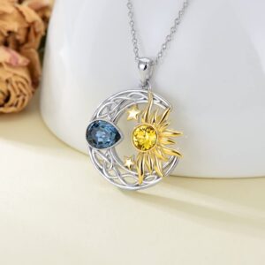 AOBOCO Moon Sun Star Necklace 925 Sterling Silver Celtic Crescent Moon and Sun Pendant Necklace for Women