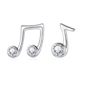 925 Sterling Silver Music Note Stud Earrings with Cubic Zirconia Asymmetry Musical Theme Jewelry for Women Gifts for Music Lover (style1)