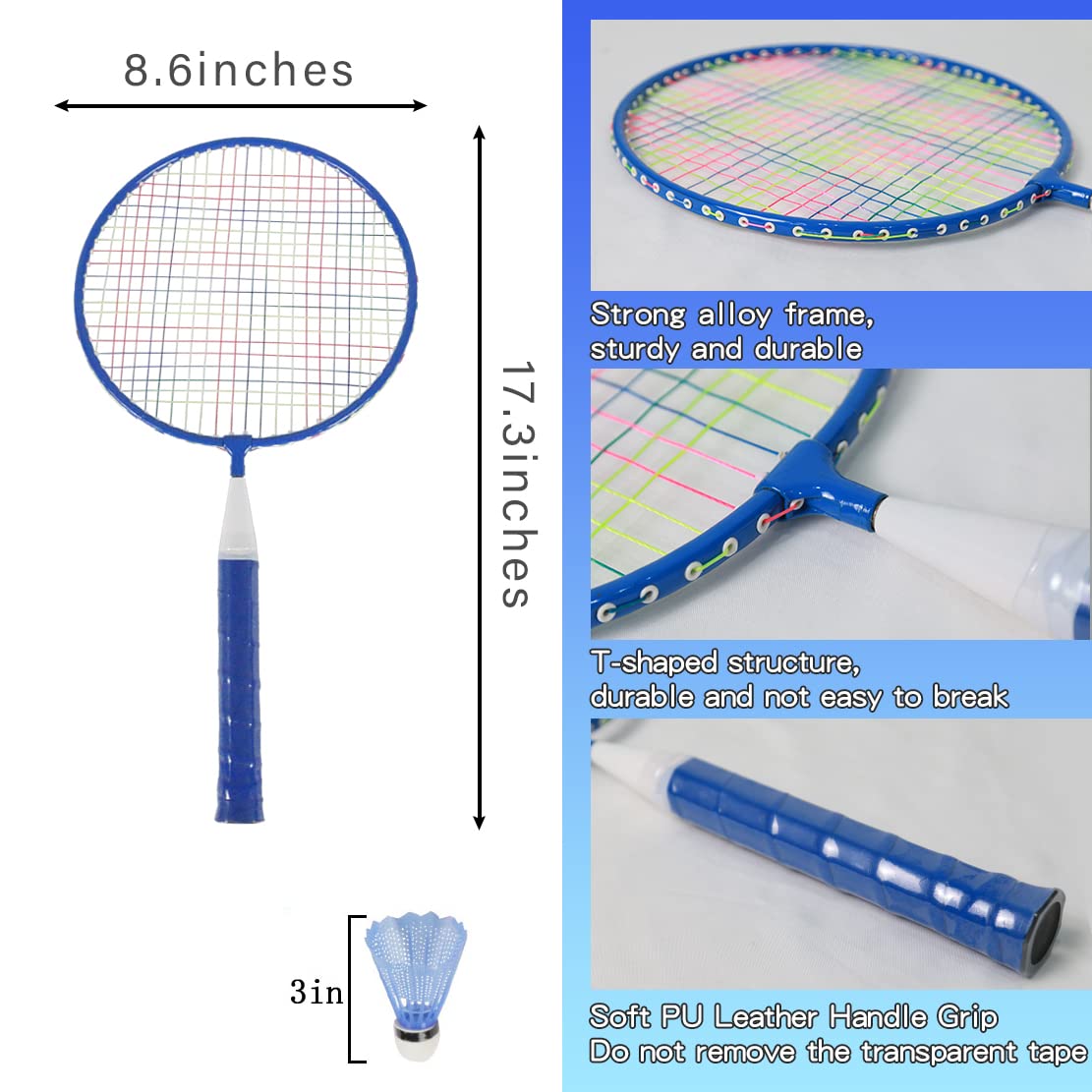 Kids Badminton Set of 2 Rackets with Birdies Carrying Bag for Boys Girls,Ultralight Children's Badminton Racquets for Starter Players Toddler Indoor Backyard Sporting (Blue)