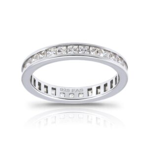 hoops & loops 925 sterling silver 2mm princess-cut cubic zirconia channel set eternity band ring for women teen girls, size 7