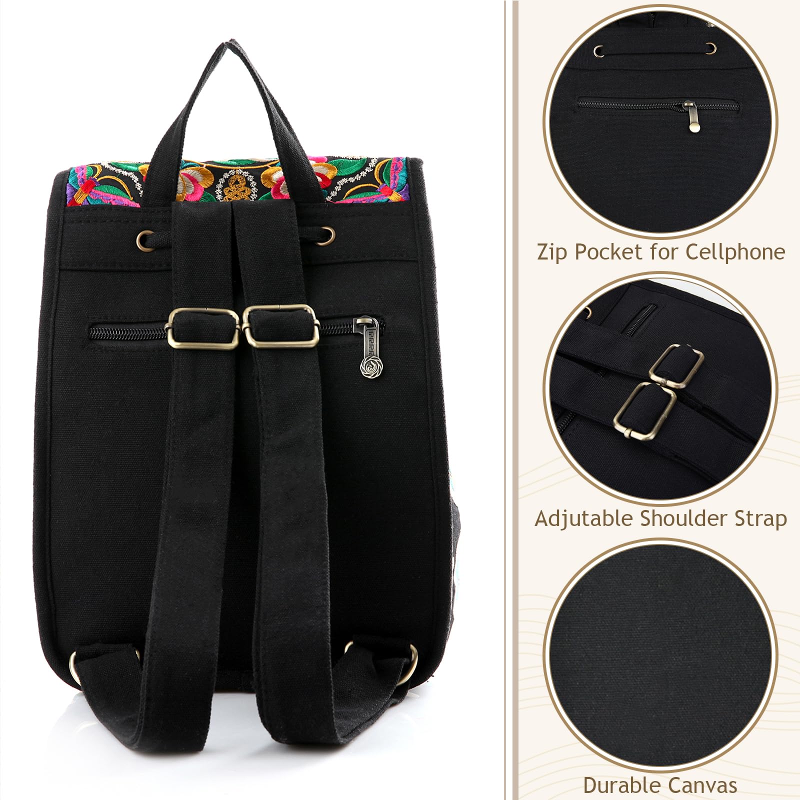 Jursccu Full Embroidered Backpack Purse for Women Vintage Handbag Small Drawstring Casual Travel Shoulder Bag Daypack