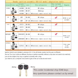 Ignition Switch Lock Cylinder Assembly for Honda Accord Civic with Keys (chip ID48),Replace : 06350-SAA-G30, 35100-SDA-A71