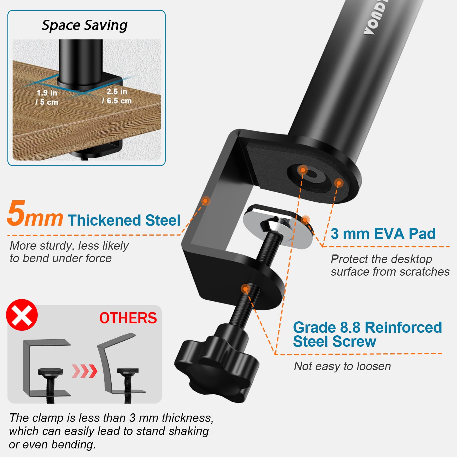 Vondynote Studio Monitor Stands Pair Heavy Duty Desk Clamp Speaker Stands with Adjustable Tilt Angle Tray of 0-12 °