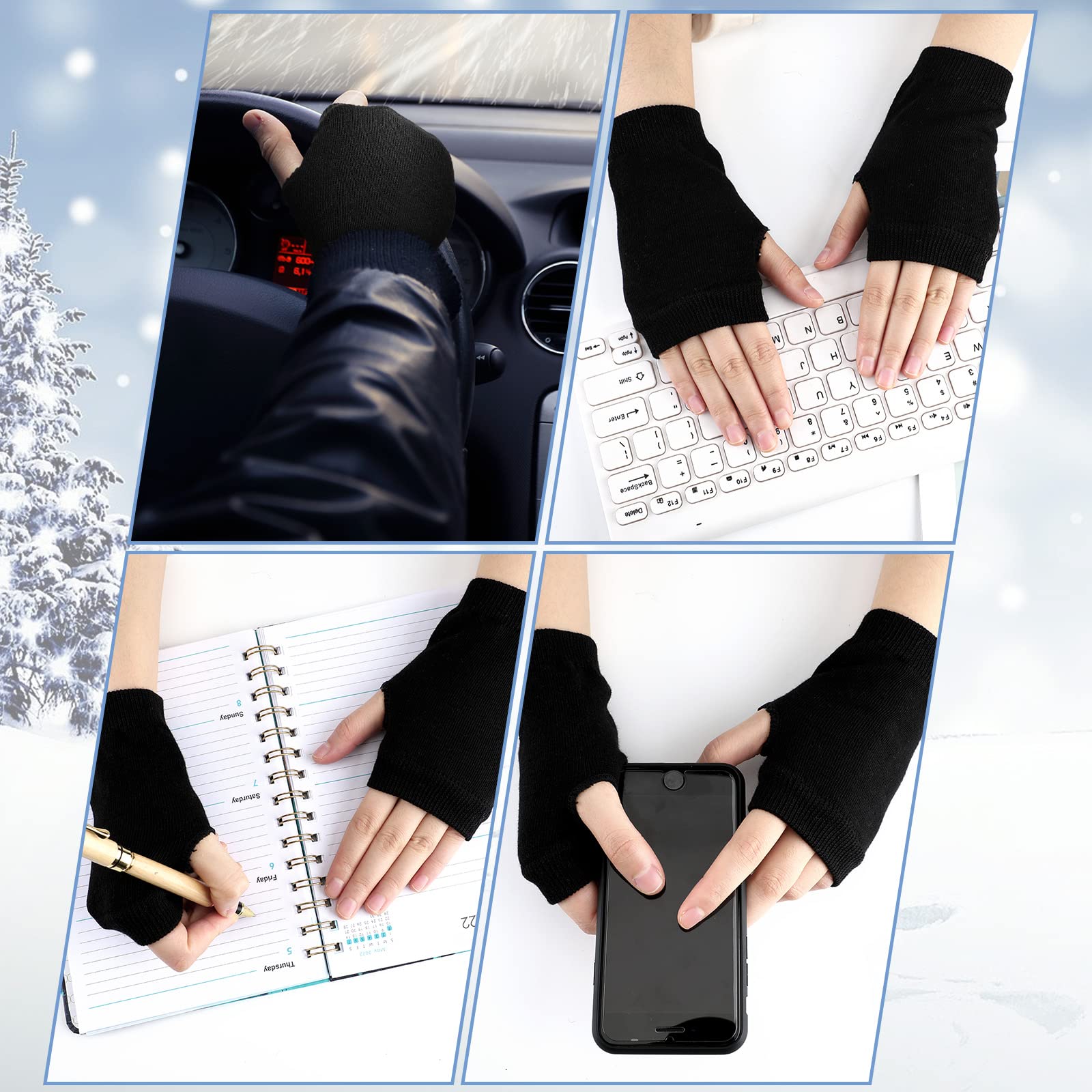 3 Pairs Fingerless Warm Gloves with Thumb Hole Cotton Half Fingerless Driving Gloves Knit Mittens for Men, Women (Black)