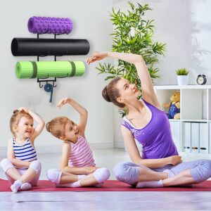 Wall Mount Yoga Mat Foam Roller and Towel Rack with 3 Hooks for Hanging Yoga Strap and Resistance Bands, 3-Sectional Metal (Black)