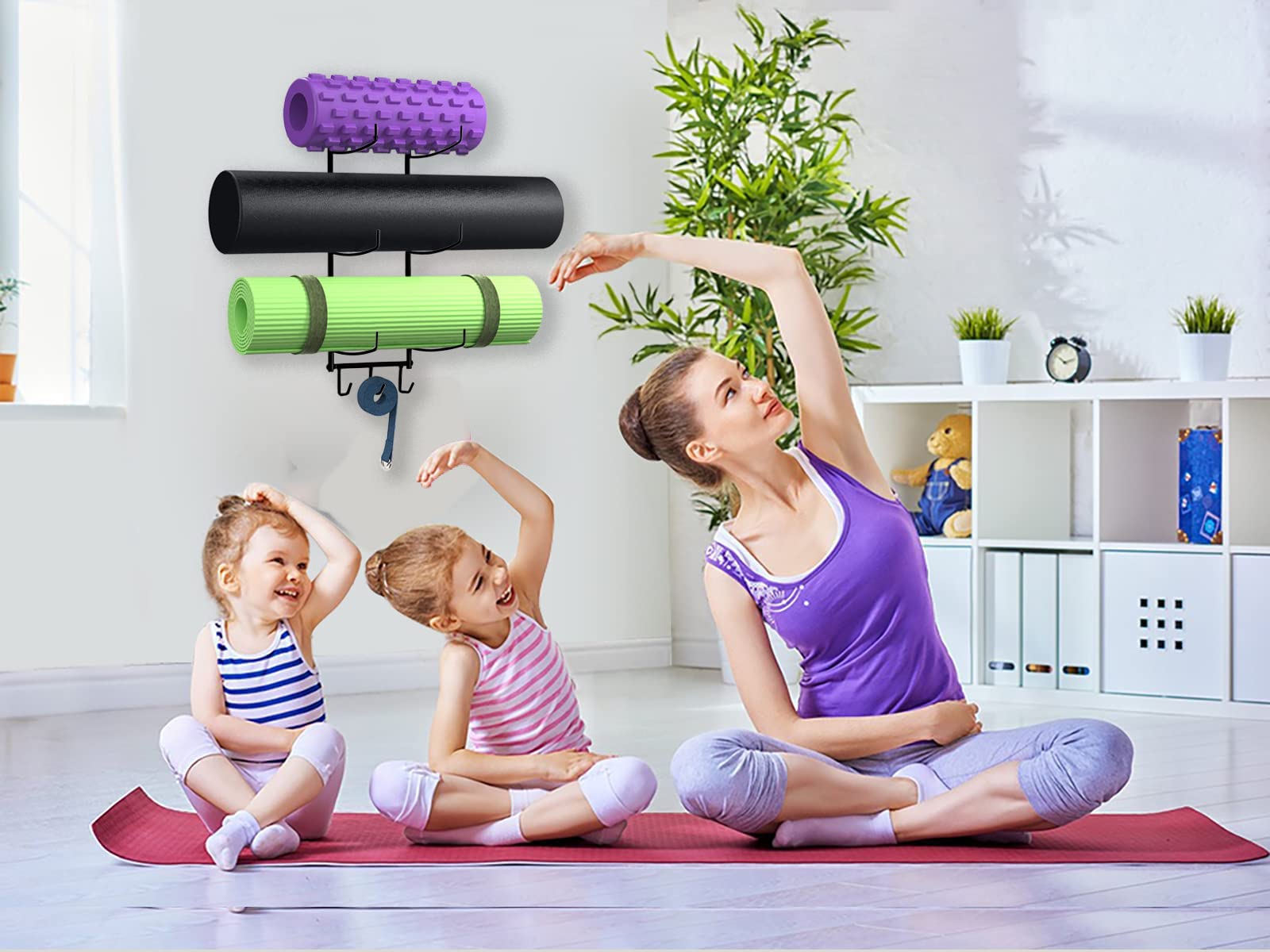 Wall Mount Yoga Mat Foam Roller and Towel Rack with 3 Hooks for Hanging Yoga Strap and Resistance Bands, 3-Sectional Metal (Black)