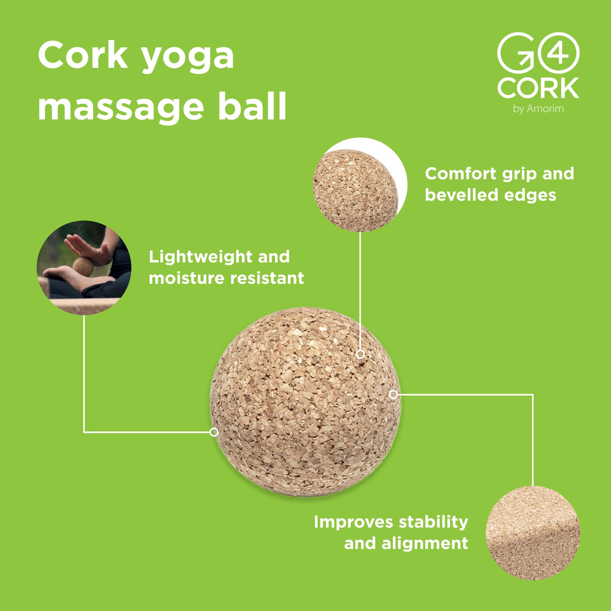 Go4Cork Cork Yoga Massage Ball - 2.4" Therapy Roller | Release Stress, Tension & Circulation | Non-Toxic, Alternative to Foam Yoga Massager | Sustainable & Eco Yogi Gift