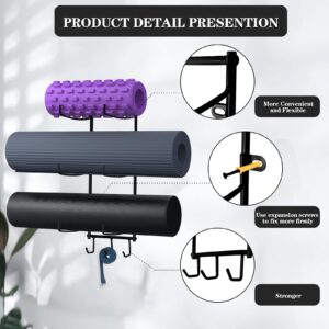 Wall Mount Yoga Mat Foam Roller and Towel Rack with 3 Hooks for Hanging Yoga Strap and Resistance Bands, 3-Sectional Metal (Black)