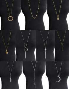 ofeiyaa 10pcs long pendant necklace simple moon bar three triangle tassel lock sweater y shape punk chain choker necklace for women men gold silver tone (e:10pcs (lock))