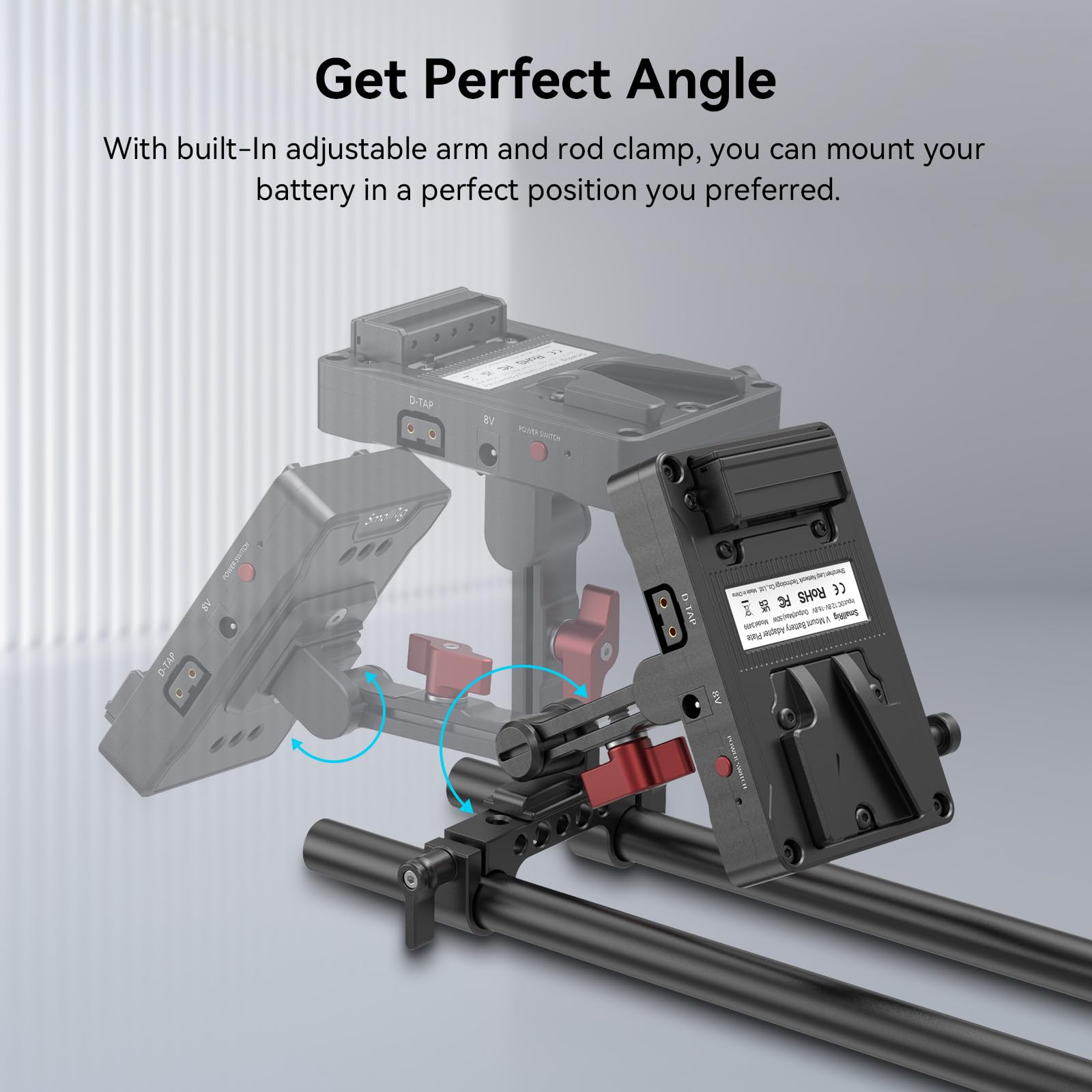 SmallRig V-Mount Battery Adapter Plate, V-Lock Battery Plate with Dual D-TAP and DC Ports, Adjustable Arm and 15 mm Rod Clamp, Compact V-Mount Battery Plate for Cameras, Monitors, Transmitter - 3499