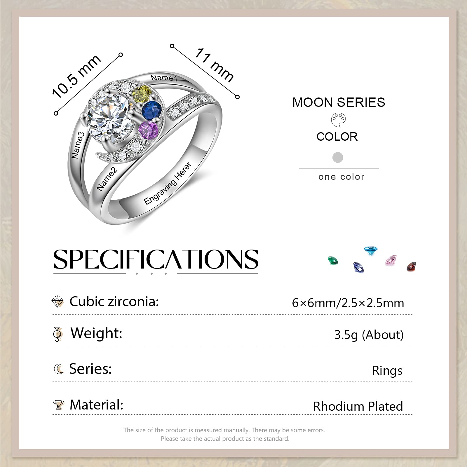 Zomodia Personalized Promise Rings for Her Engraved Names Anniversary Ring for Women Custom Moon Statement Grandma Ring (3 stones)