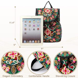 Jursccu Full Embroidered Backpack Purse for Women Vintage Handbag Small Drawstring Casual Travel Shoulder Bag Daypack