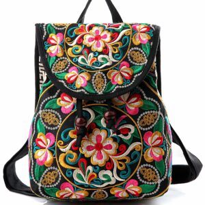 Jursccu Full Embroidered Backpack Purse for Women Vintage Handbag Small Drawstring Casual Travel Shoulder Bag Daypack