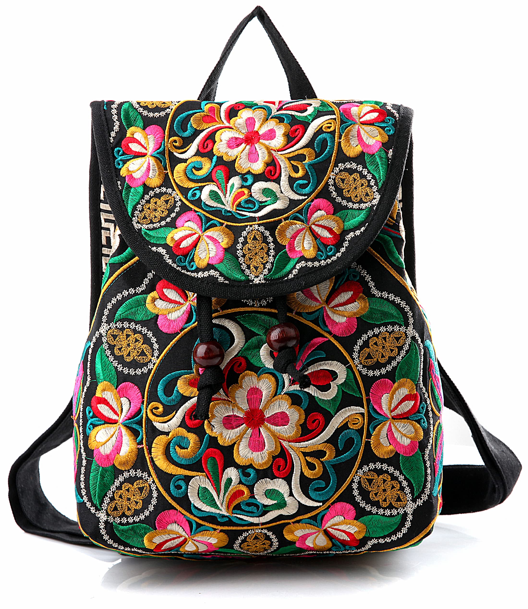 Jursccu Full Embroidered Backpack Purse for Women Vintage Handbag Small Drawstring Casual Travel Shoulder Bag Daypack