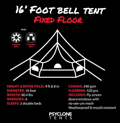 Psyclone Tents Fixed Floor 5m/16.4ft Luxury Bell Tent Outdoor All Weather 8-10 Person Cotton Canvas Yurt Large Tent for Family Camping Glamping Hiking and Festivals