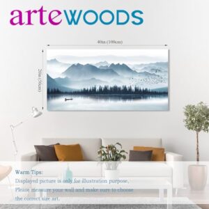 arteWOODS Indigo Canvas Wall Art Misty Mountain Wall Pictures Foggy Lake Boat Canvas Painting Grey Blue Forest Birds Canvas Wall Decor for Living Room Wall Decorations 20" x 40"