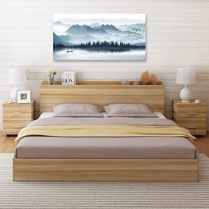 arteWOODS Indigo Canvas Wall Art Misty Mountain Wall Pictures Foggy Lake Boat Canvas Painting Grey Blue Forest Birds Canvas Wall Decor for Living Room Wall Decorations 20" x 40"