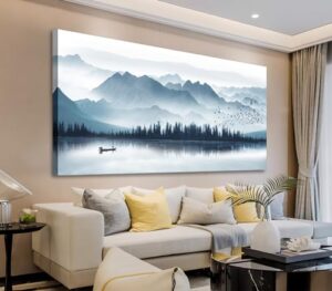 artewoods indigo canvas wall art misty mountain wall pictures foggy lake boat canvas painting grey blue forest birds canvas wall decor for living room wall decorations 20" x 40"