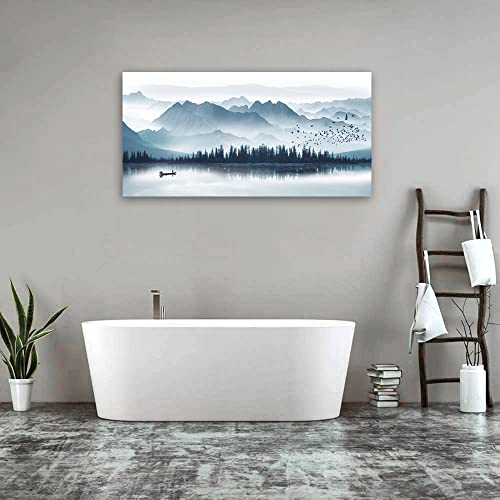 arteWOODS Indigo Canvas Wall Art Misty Mountain Wall Pictures Foggy Lake Boat Canvas Painting Grey Blue Forest Birds Canvas Wall Decor for Living Room Wall Decorations 20" x 40"