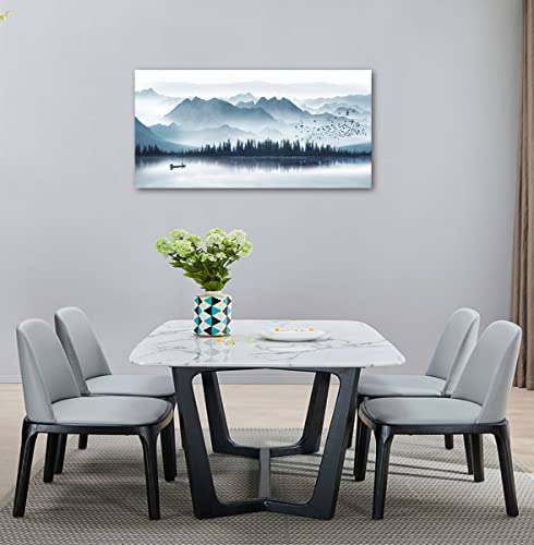 arteWOODS Indigo Canvas Wall Art Misty Mountain Wall Pictures Foggy Lake Boat Canvas Painting Grey Blue Forest Birds Canvas Wall Decor for Living Room Wall Decorations 20" x 40"