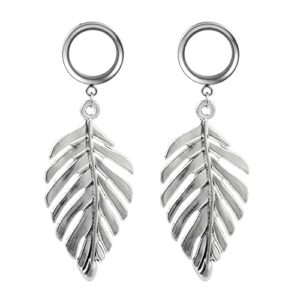 Pierced Republic Hanging Metal Feather Ear Gauges - Pair of Stainless Steel Screw-On Plugs - 6 Size Options (9/16" (14mm))