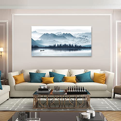 arteWOODS Indigo Canvas Wall Art Misty Mountain Wall Pictures Foggy Lake Boat Canvas Painting Grey Blue Forest Birds Canvas Wall Decor for Living Room Wall Decorations 20" x 40"