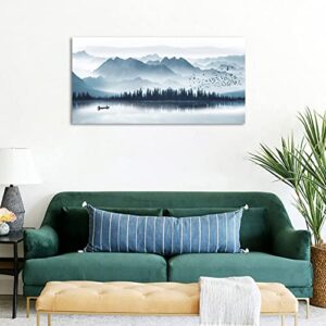 arteWOODS Indigo Canvas Wall Art Misty Mountain Wall Pictures Foggy Lake Boat Canvas Painting Grey Blue Forest Birds Canvas Wall Decor for Living Room Wall Decorations 20" x 40"