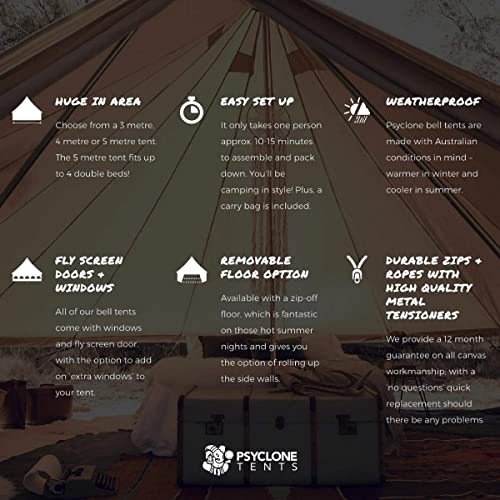 Psyclone Tents Fixed Floor 5m/16.4ft Luxury Bell Tent Outdoor All Weather 8-10 Person Cotton Canvas Yurt Large Tent for Family Camping Glamping Hiking and Festivals