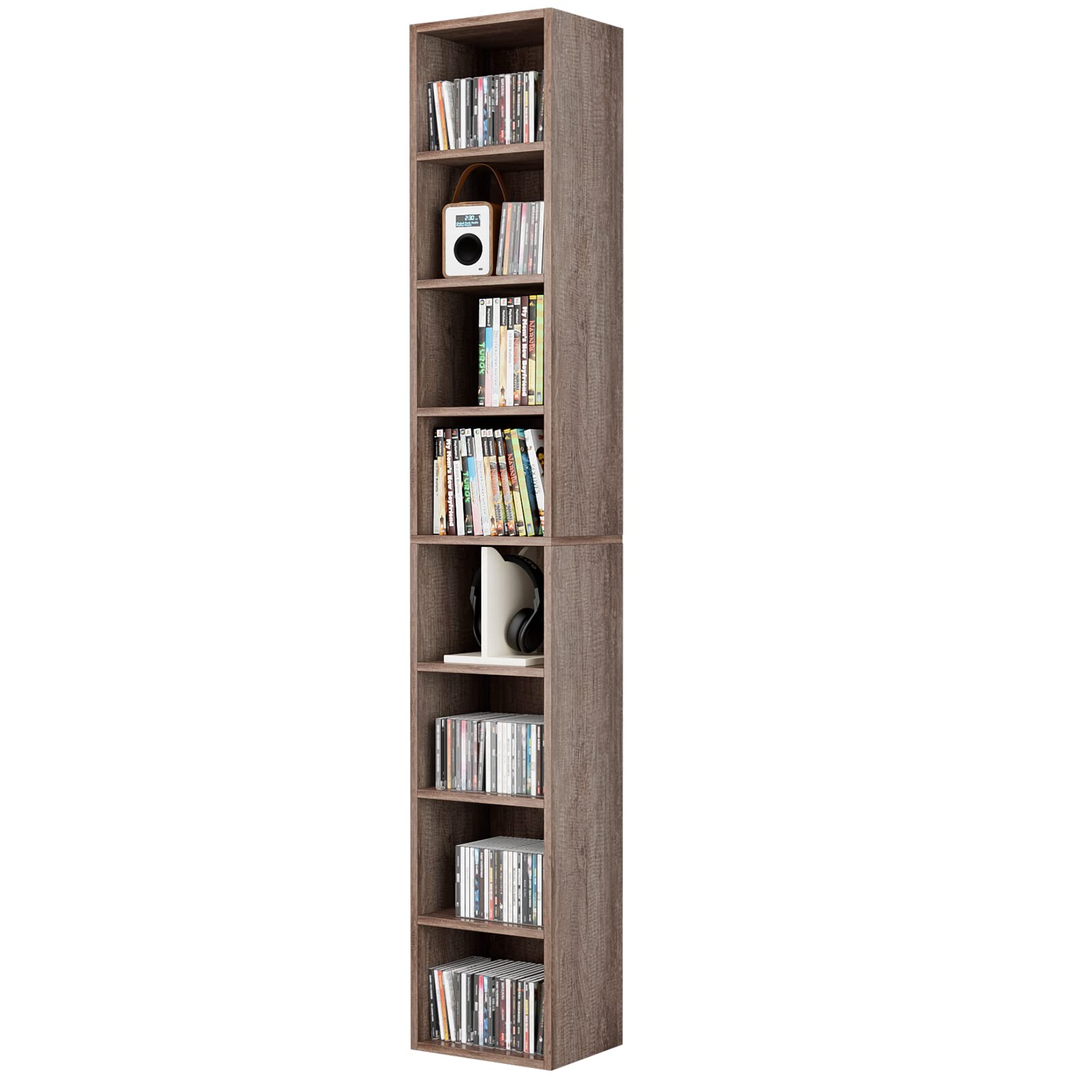 PUPL 8-Tier Media Tower Rack, CD DVD Storage Organizer Cabinet with Adjustable Shelves, 11.6 x 9.3 x 70.9 Inches Slim Wood Look Bookshelf Display Bookcase for Home Office, Oak