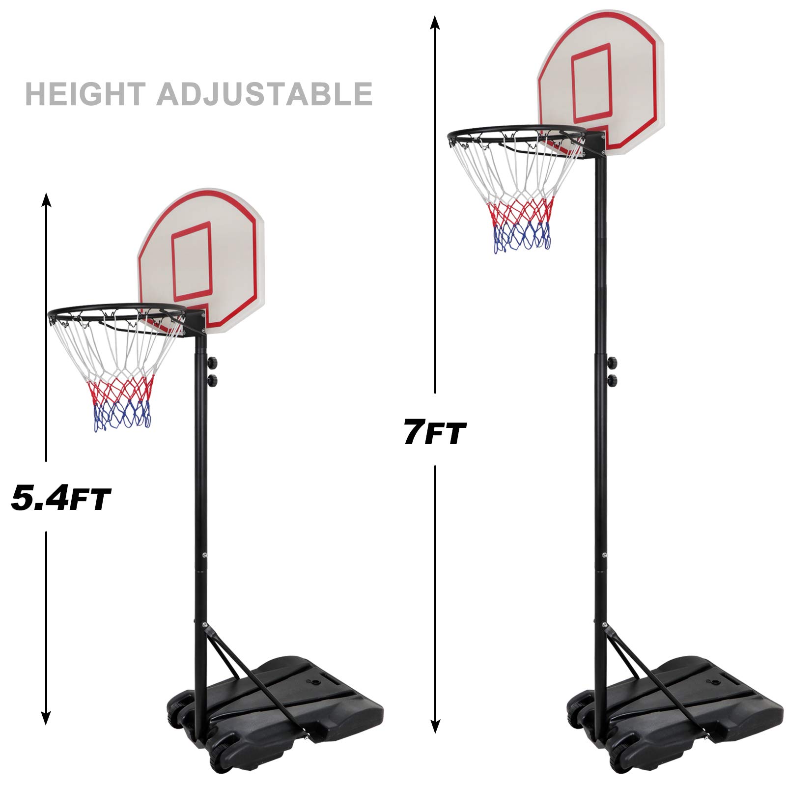 Portable Basketball Hoop for Kids Fun Yard Sports Height-Adjustable 5.4ft-7ft Goal 28" Mini Backboard System w/Wheels