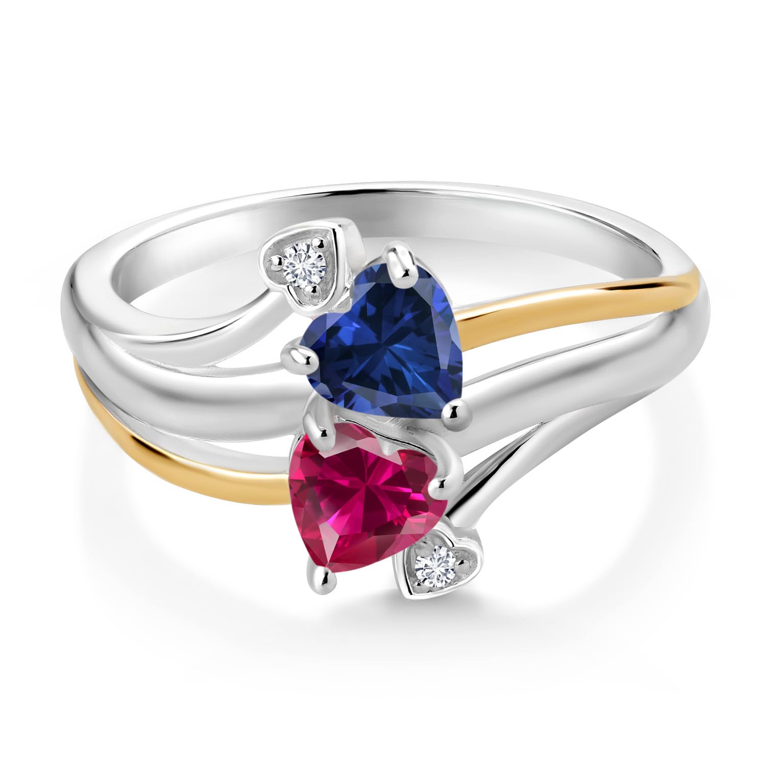 Gem Stone King 925 Sterling Silver and 10K Yellow Gold Blue Created Sapphire and Red Created Ruby Ring For Women (1.12 Cttw, Available In Size 5, 6, 7, 8, 9)