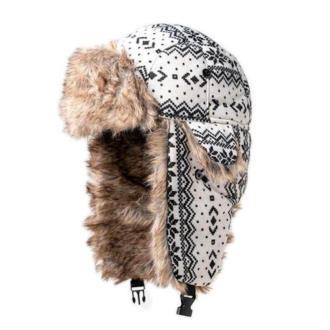 S A Trapper Hat with Lined Faux Fur, Pull On Closure with Chin Buckle, Elmer Fudd Warm Winter hat with Ear Flaps for Women (Nordic White)